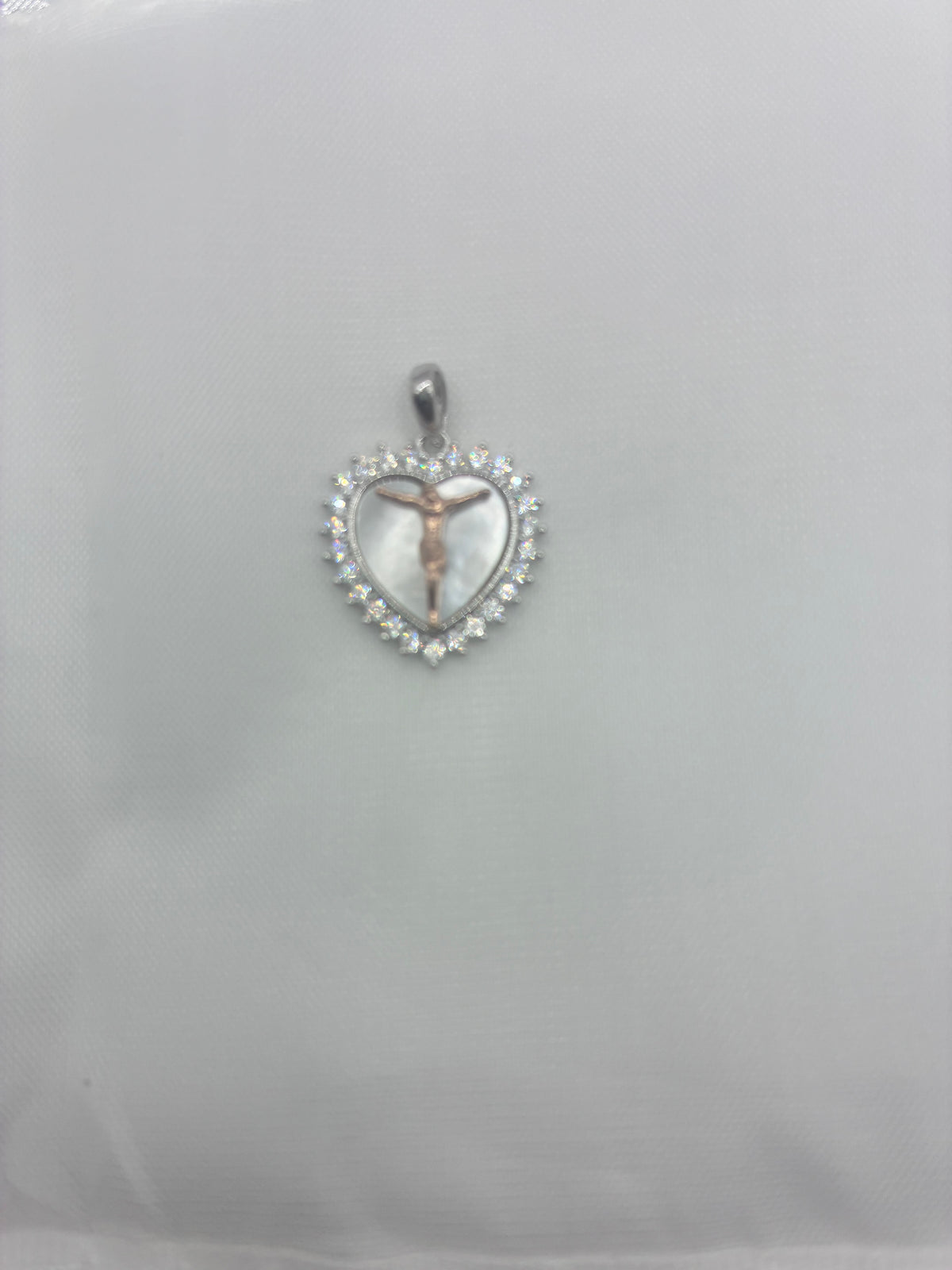 925 Silver Heart Crucifix Pendant with Clear Stones Religious Jewelry