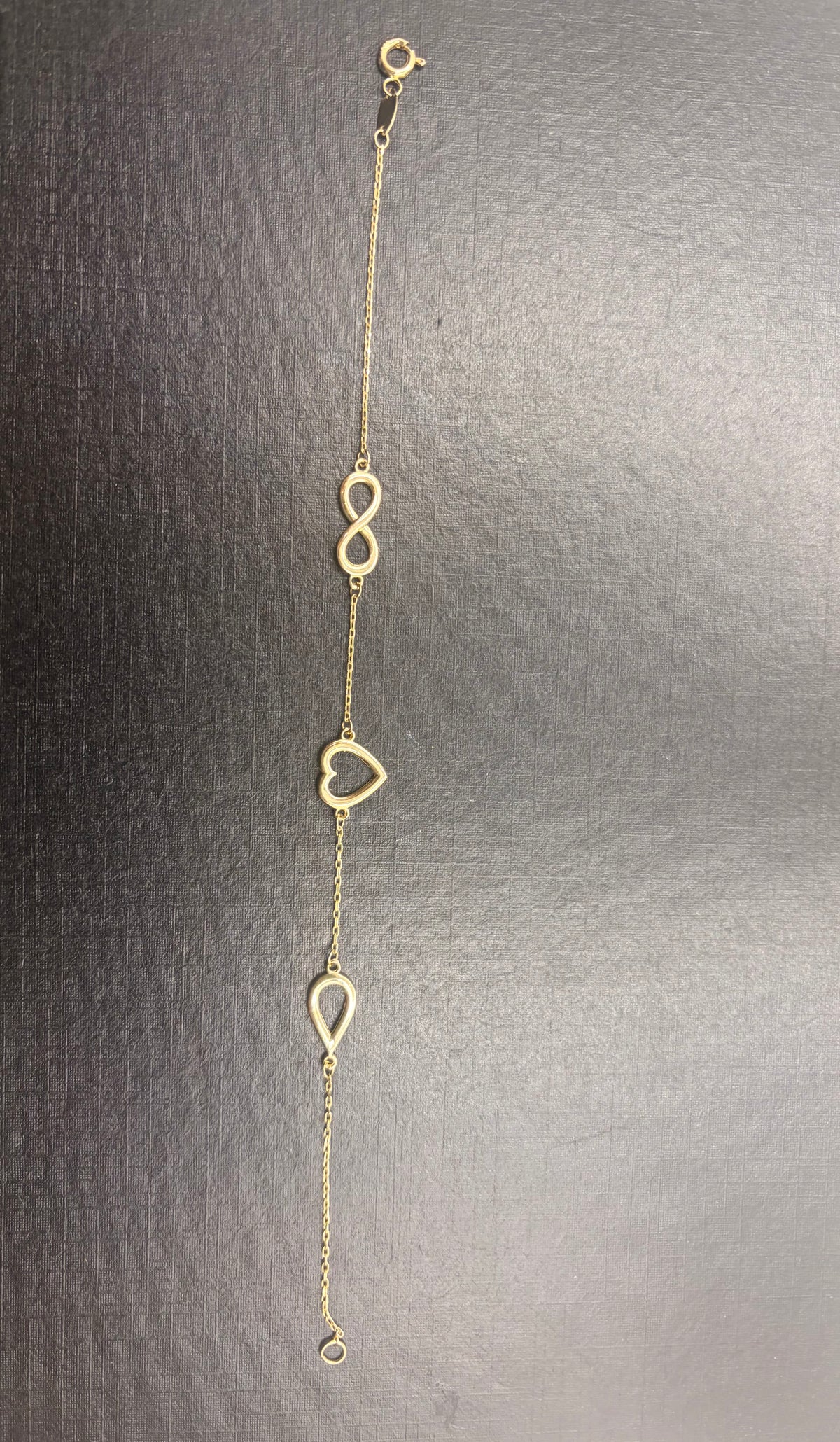 ✨ Pulsera Infinito, Corazón  Oro 14K – 7”